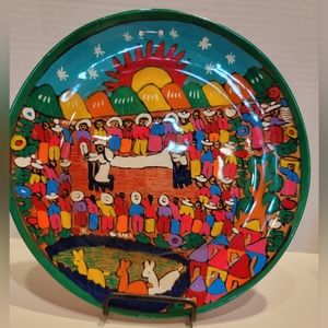 Vintage Mexican Folk Story Telling Terracotta 10" plate,  hand-painted